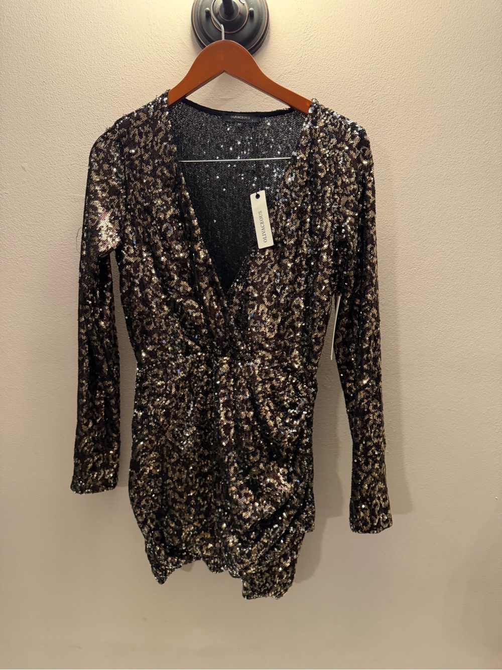 Olivaceous Red Dress Leopard Sequin Mini Dress Gold Black V Long Sleeve M New